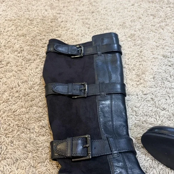 Cole Haan Black Suede Riding Boots Womens Size 7 Tall Buckle Strap Knee High - Picture 2 of 5